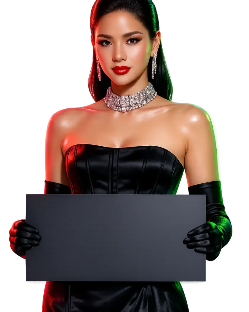 ผู้หญิงถือแผงข้อมูลเปล่า กำลังประเมินตัวเลือกเว็บหวยออนไลน์
